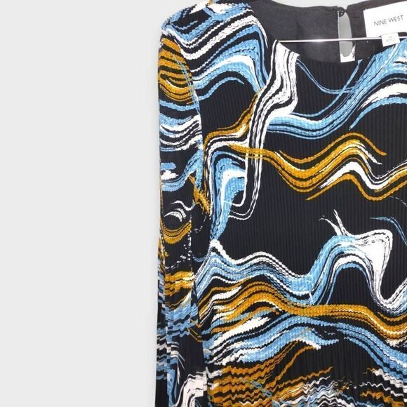 Nine West Womens Dress Sz 14 Pleated‎ Mod 70s Trend Style Chiffon Swirl Black - Picture 5 of 12